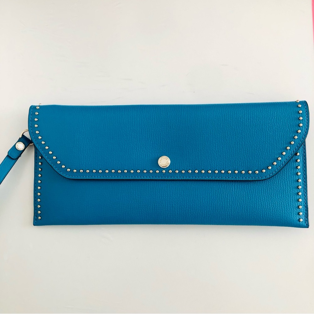 Henri Bendel RARE turquoise blue leather wristlet clutch with silver studs